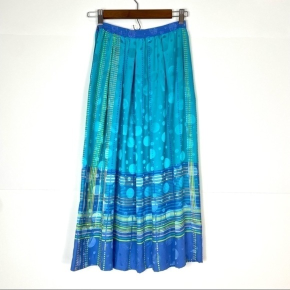 Umi Collections 100% Silk Blue Geometric Pleated Midi Maxi Skirt Retro Colorful - Picture 3 of 13